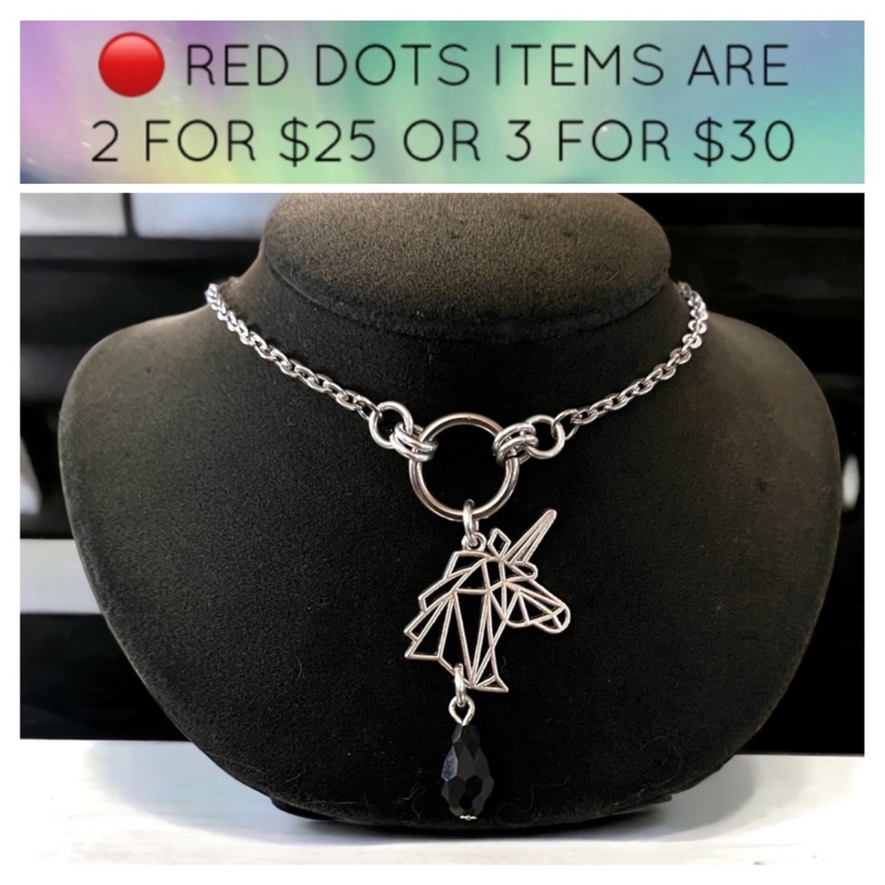 🔴Stainless steel cable chain necklace silver plated unicorn charm black crystal